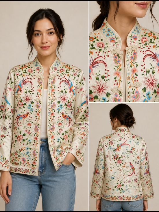 Vintage Jackets & Blazers - Vintage Plum Blossom Embroidered Silk Jacket Chinese Floral Bird Blazer Size 38